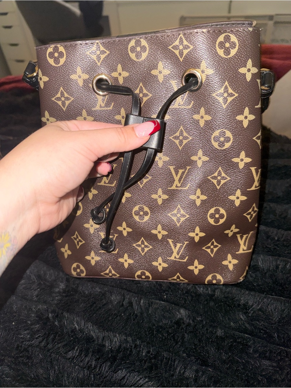 Louis Vuitton Brown Monogram Drawstring Bucket Bag with Black Trim